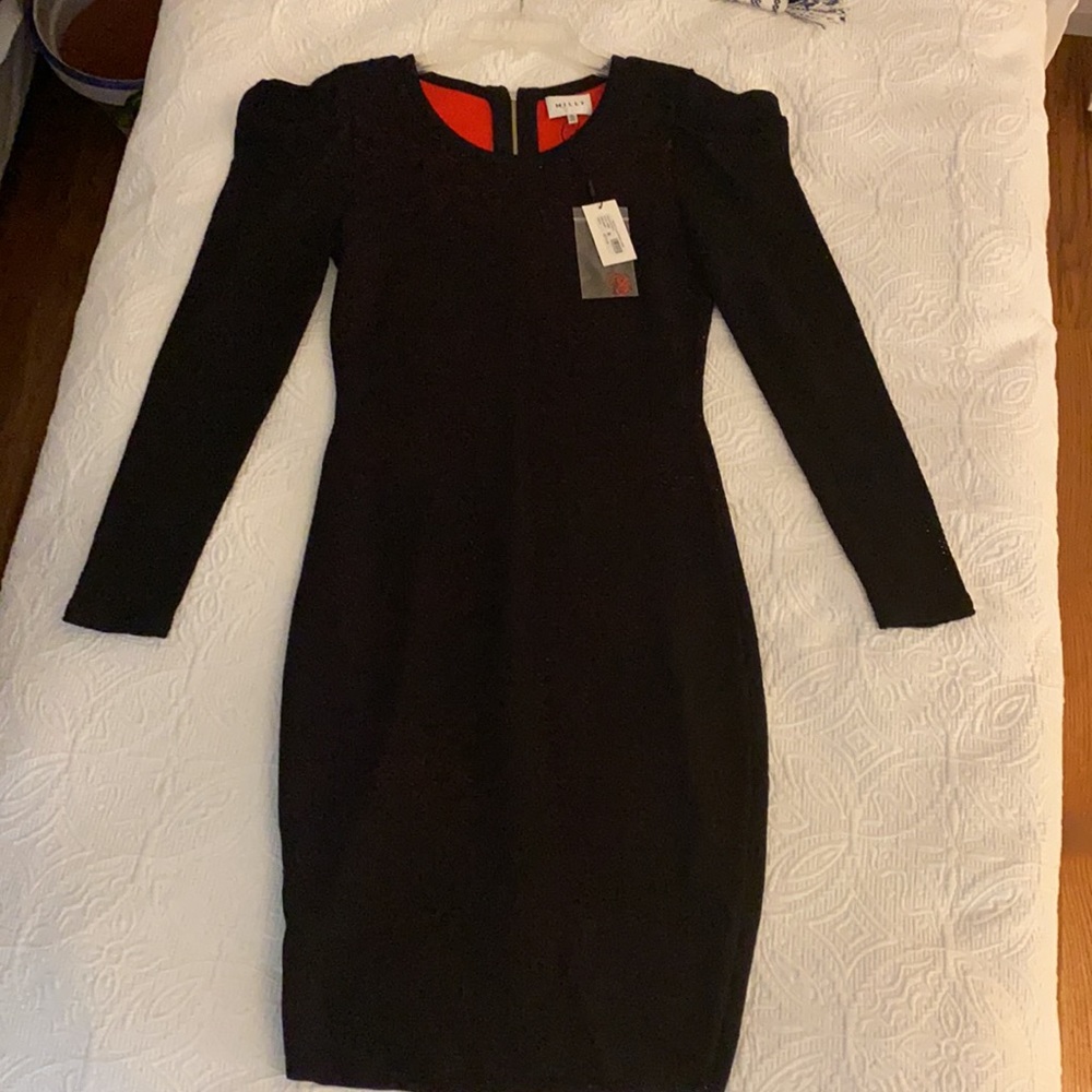 Milly Pointelle Lace Drape Sleeve Dress - black with Red underneath. NWT